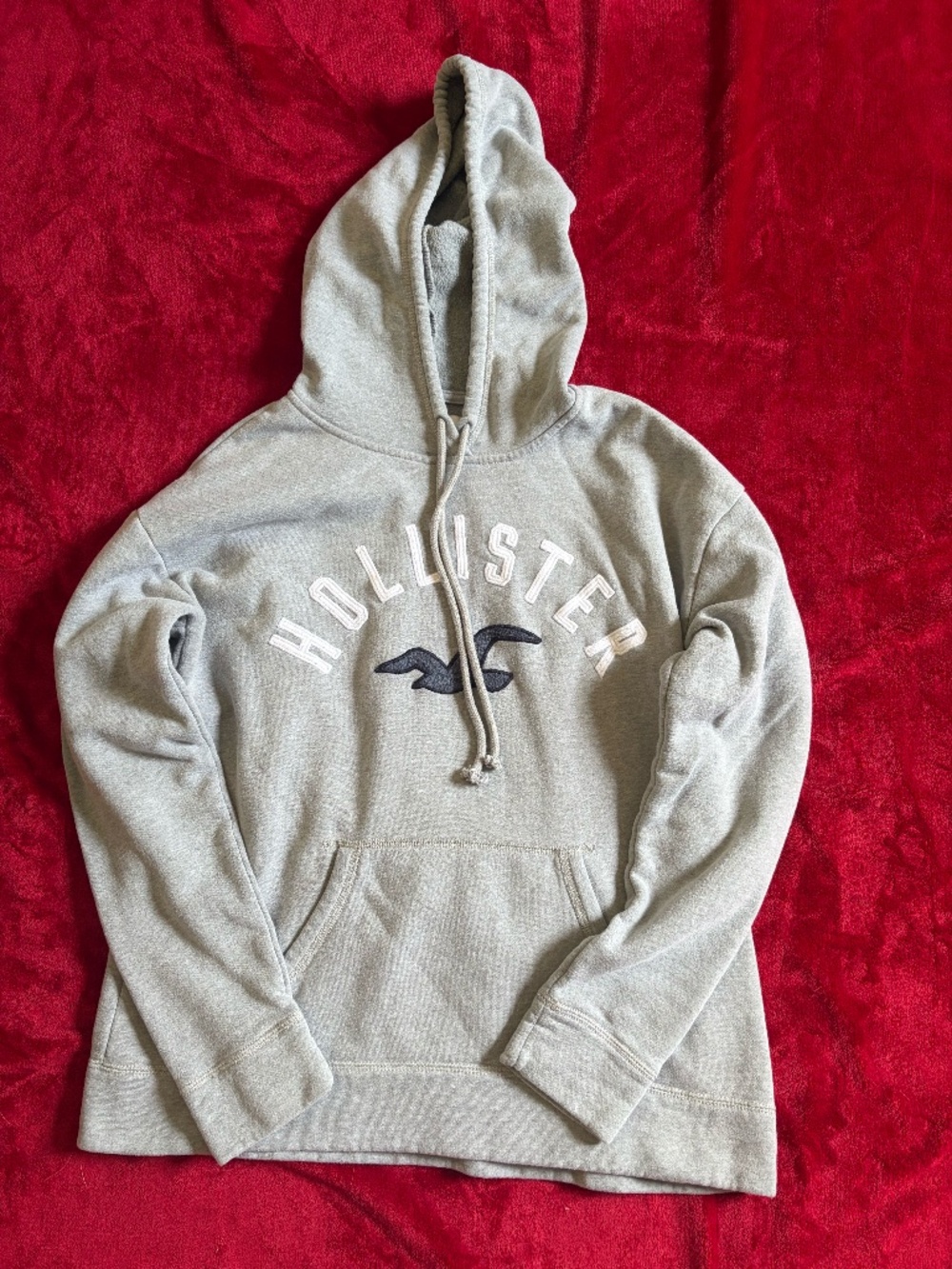 Hollister Grey Graphic Pullover Hoodie with Embroidered Logo - Size Large